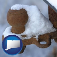connecticut map icon and a rusty, snow-covered trailer hitch