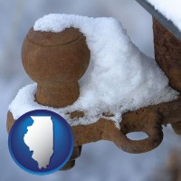illinois map icon and a rusty, snow-covered trailer hitch