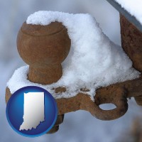 indiana map icon and a rusty, snow-covered trailer hitch