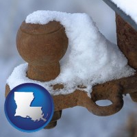 louisiana map icon and a rusty, snow-covered trailer hitch