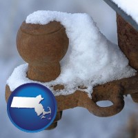 massachusetts map icon and a rusty, snow-covered trailer hitch