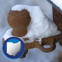 ohio map icon and a rusty, snow-covered trailer hitch