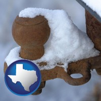 texas map icon and a rusty, snow-covered trailer hitch