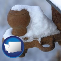 washington map icon and a rusty, snow-covered trailer hitch