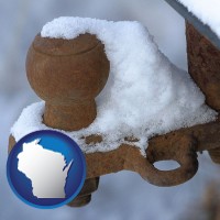 wisconsin map icon and a rusty, snow-covered trailer hitch